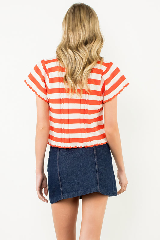 Short Sleeve Striped Knit Top - Orange