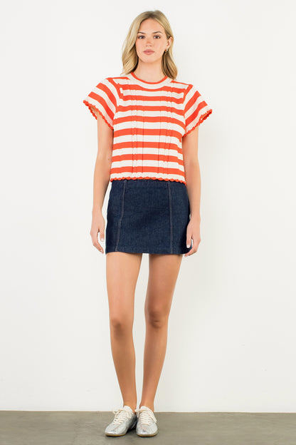 Short Sleeve Striped Knit Top - Orange