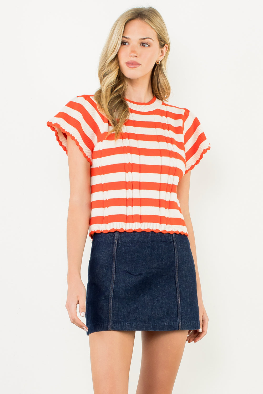 Short Sleeve Striped Knit Top - Orange