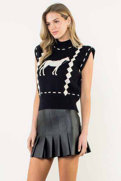 Sleeveless Horse Knit Vest - Black