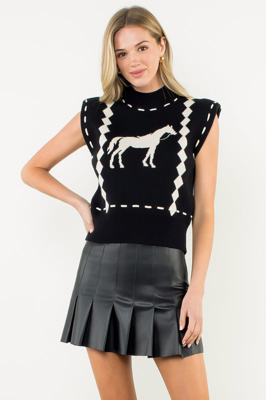 Sleeveless Horse Knit Vest - Black