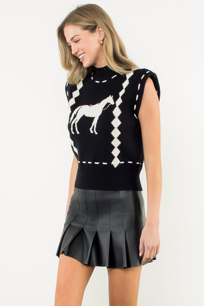 Sleeveless Horse Knit Vest - Black