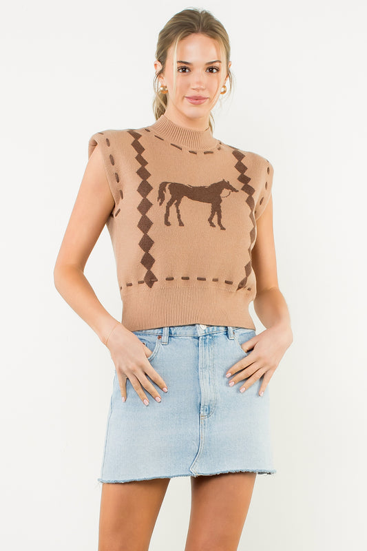 Sleeveless Horse Knit Vest - Caramel