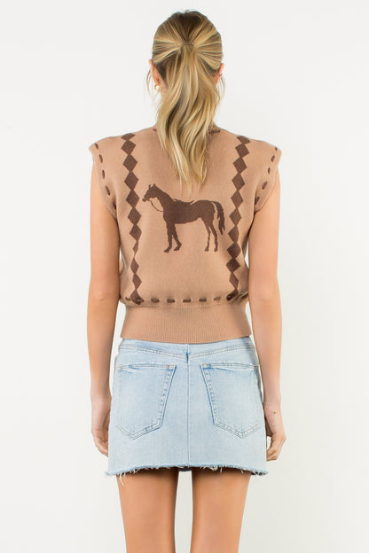 Sleeveless Horse Knit Vest - Caramel