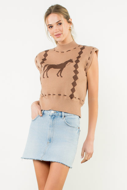 Sleeveless Horse Knit Vest - Caramel