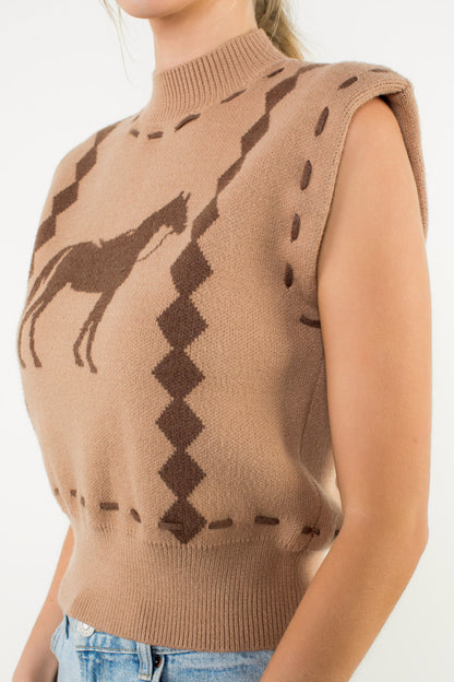 Sleeveless Horse Knit Vest - Caramel