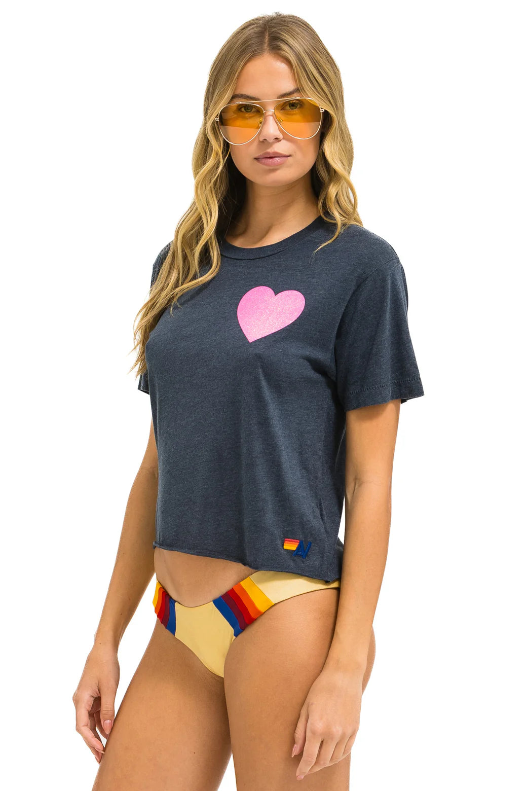 Aviator Nation - Glitter Heart Boyfriend Tee - Charcoal/Neon Pink