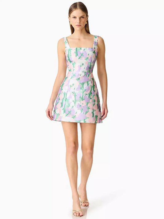 Lavina Square Neck Mini Dress in Green & Purple Floral