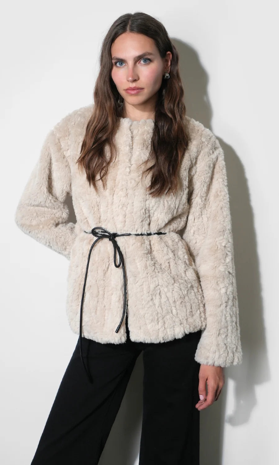 Yuri Collarless Faux Fur Jacket w/Tie Belt - Cream