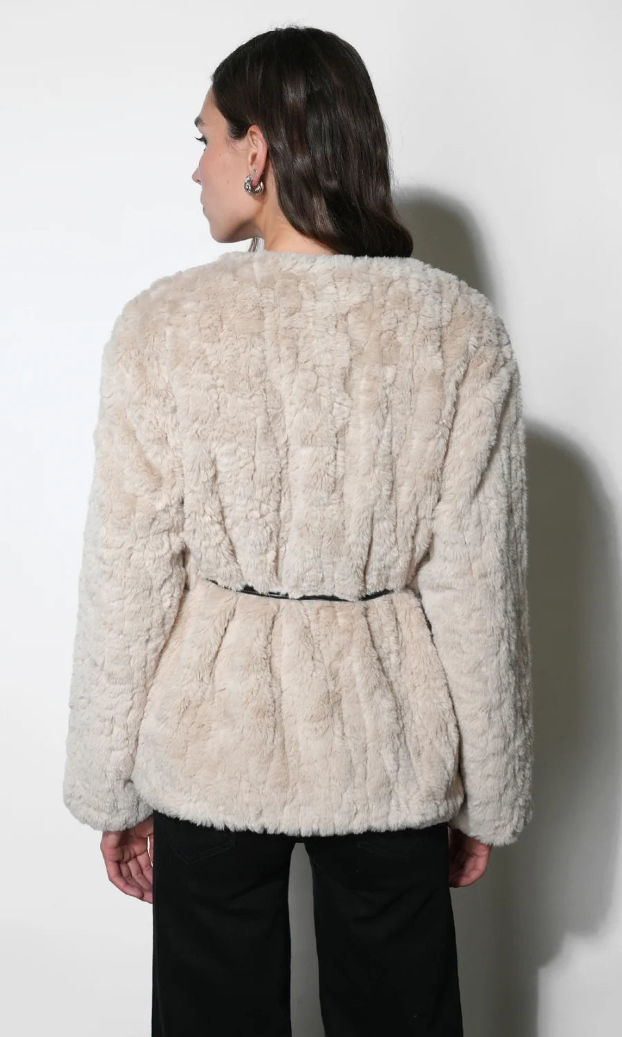 Yuri Collarless Faux Fur Jacket w/Tie Belt - Cream