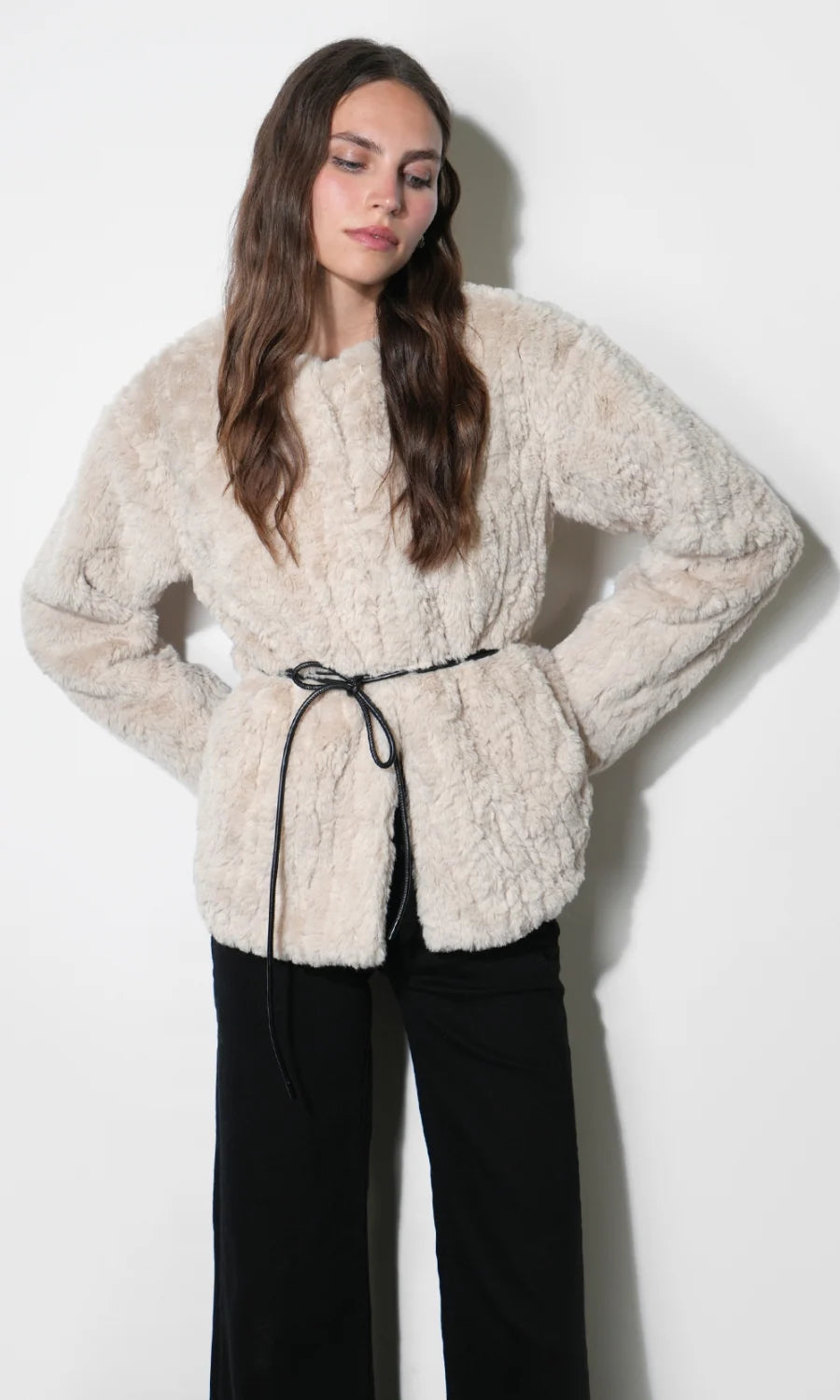 Yuri Collarless Faux Fur Jacket w/Tie Belt - Cream
