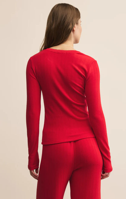 Holly Pointelle Long Sleeve Top - Festive Red