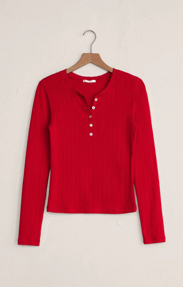 Holly Pointelle Long Sleeve Top - Festive Red
