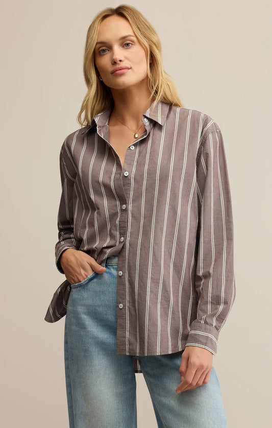 Seaport Striped Poplin Button Up - Sandalwood
