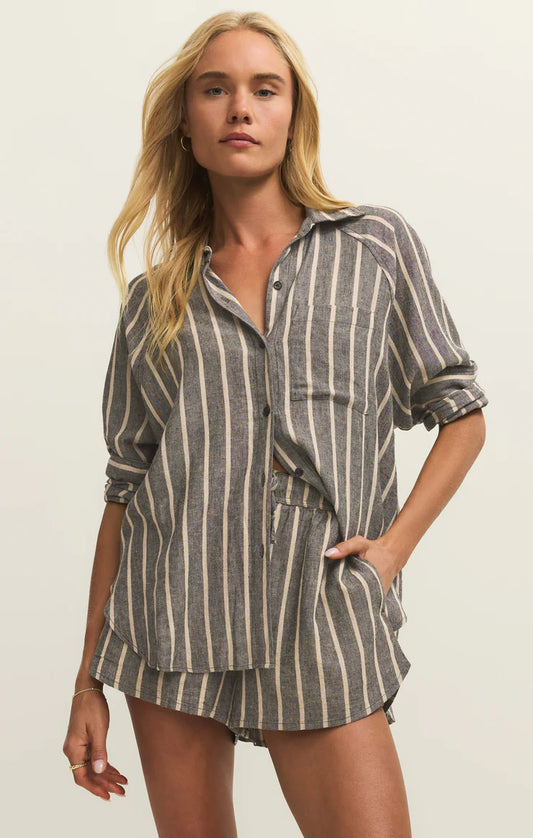 Perfect Linen Striped Top - Black