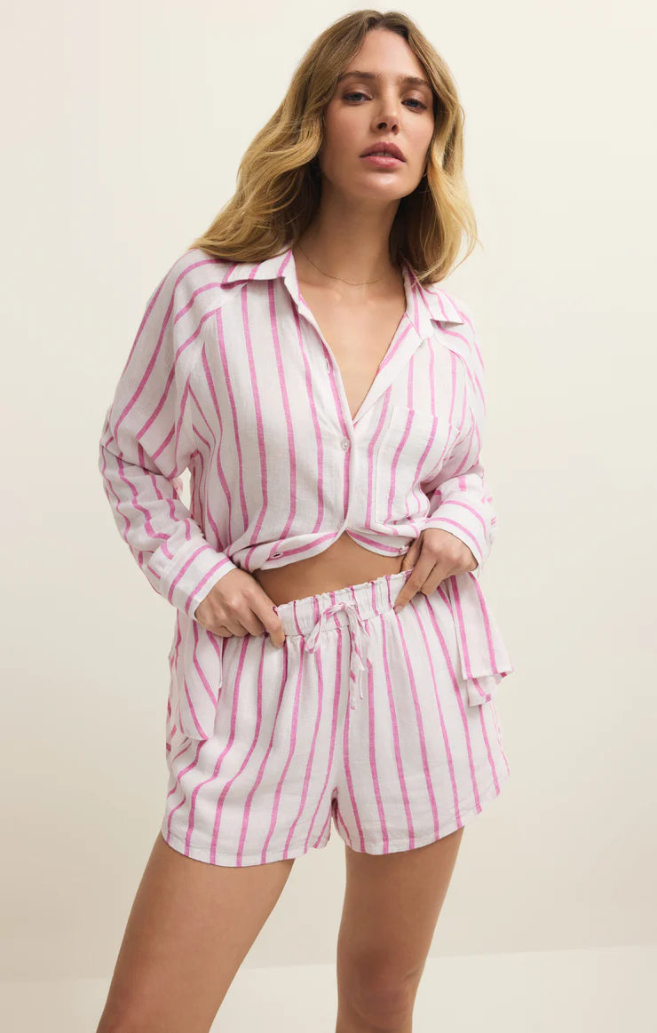 Perfect Linen Striped Top - Spanish Rose
