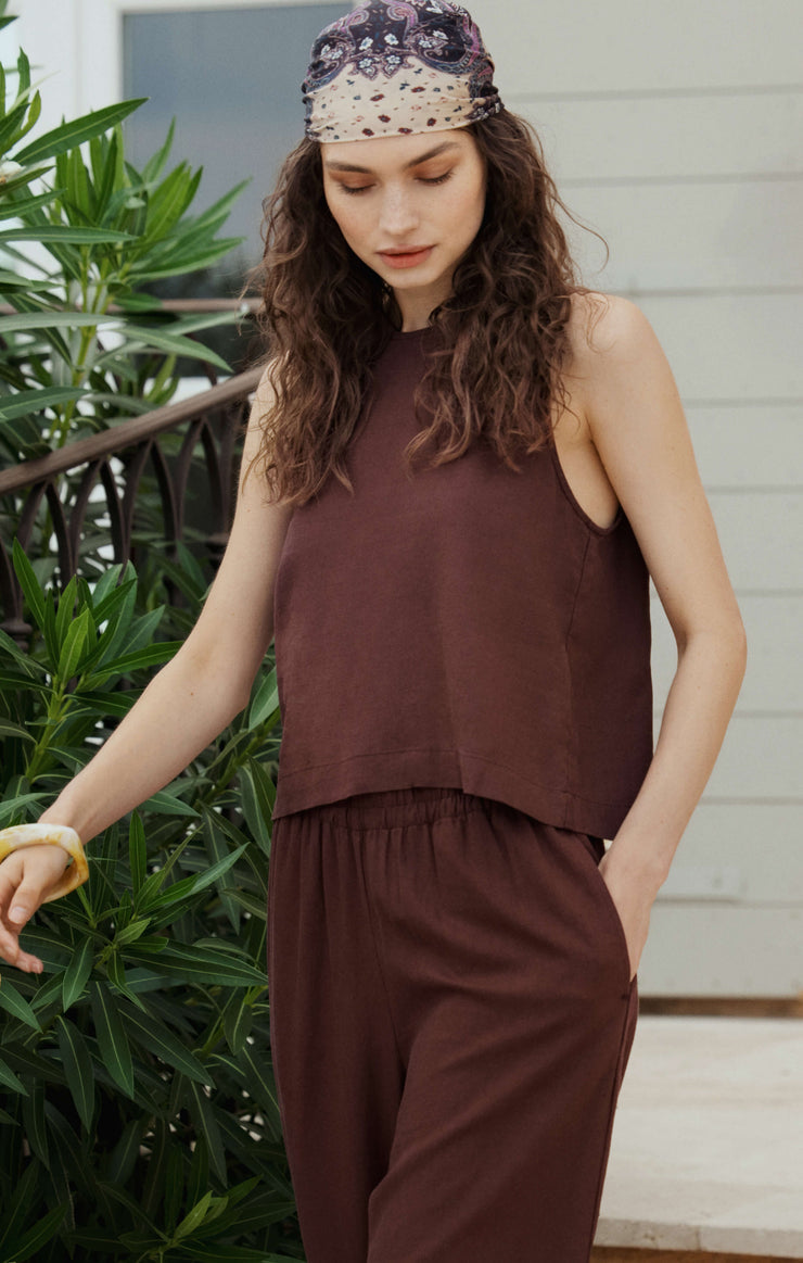 Sloane Linen Cropped Top - Chocolate Cherry