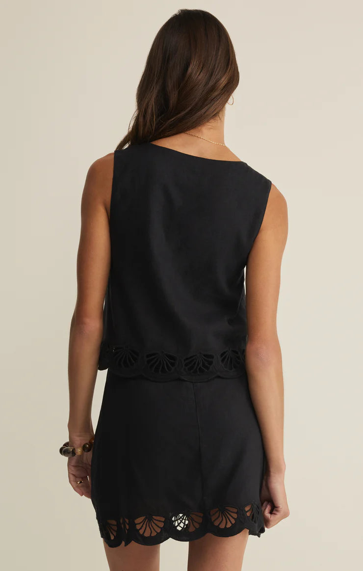 Charlene Embroidered Linen Top - Black