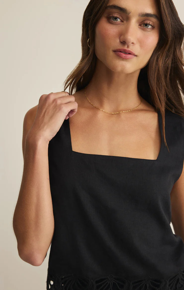 Charlene Embroidered Linen Top - Black