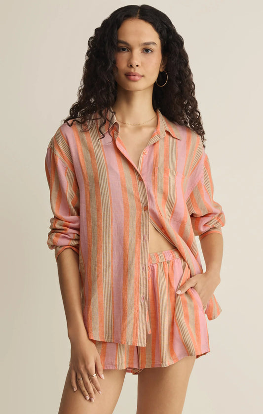 The Perfect Striped Linen Button Up - Tiger Lily