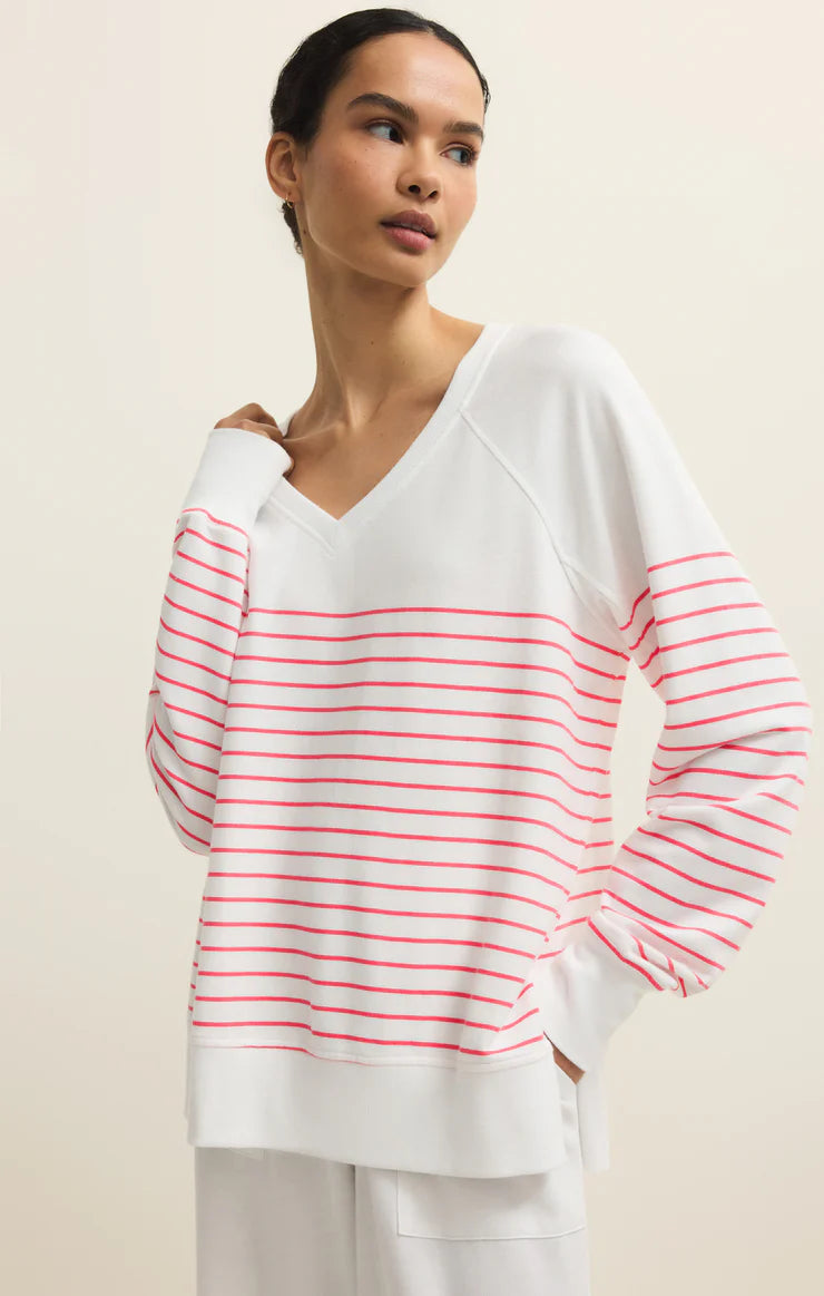 Weekender Stripe V-Neck - White - Spinout