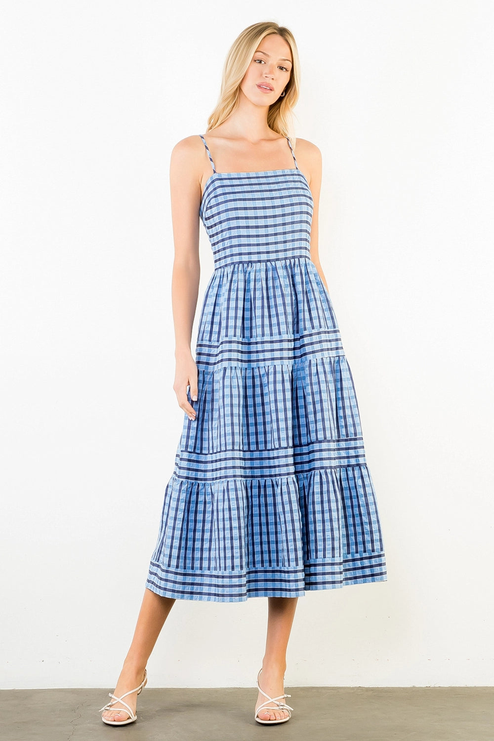 Thin Strap Striped Pattern Tiered Dress - Blue