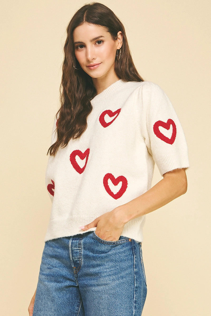 Heart Pattern Knit Sweater - Off-White
