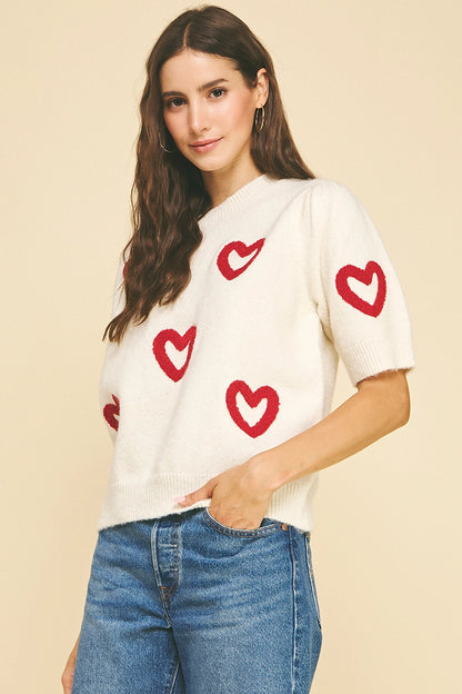Heart Pattern Knit Sweater - Off-White