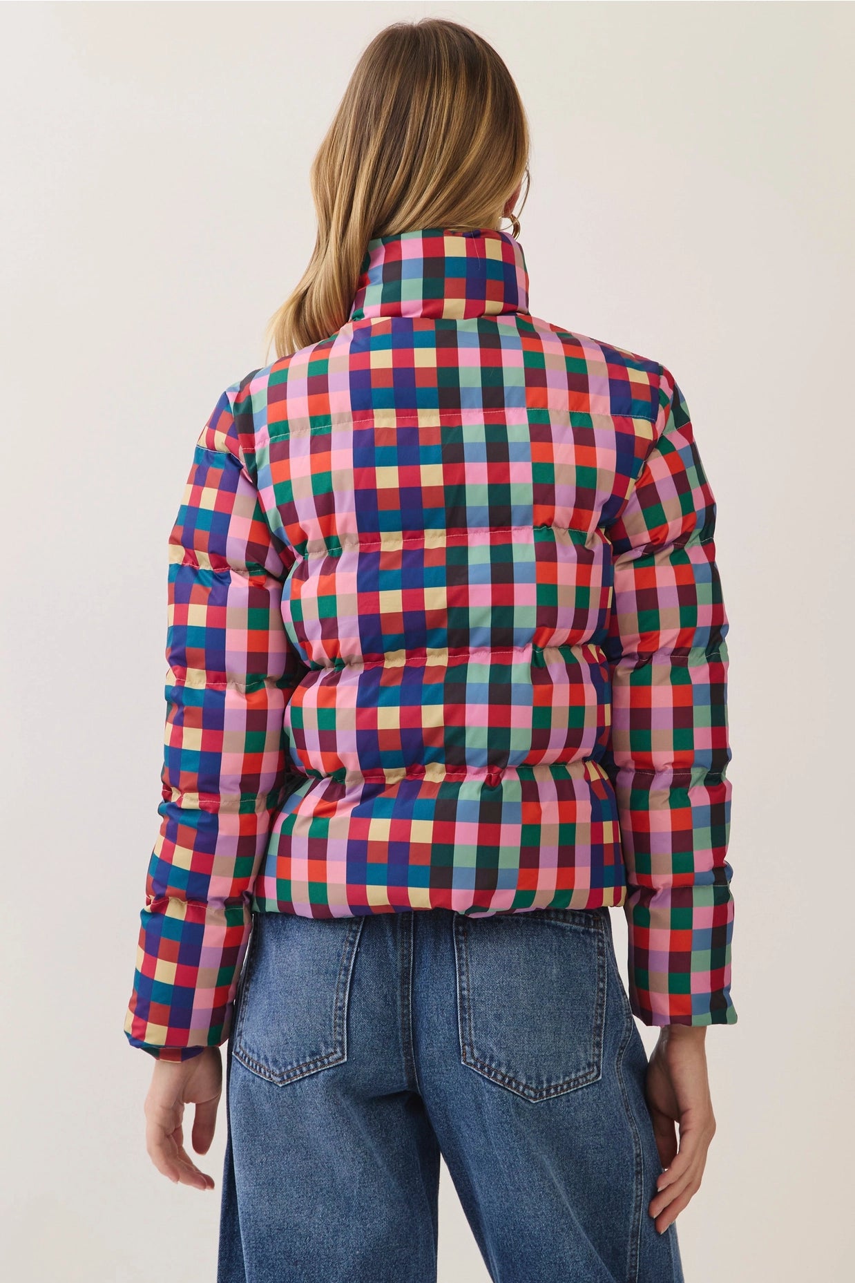 Multicolor Check Puffer Jacket - Pink
