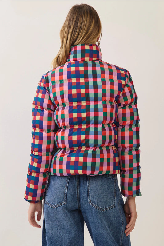 Multicolor Check Puffer Jacket - Pink