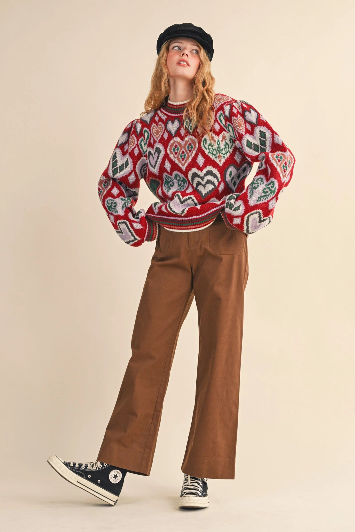 Heart Pattern Pullover Sweater - Brown Multi