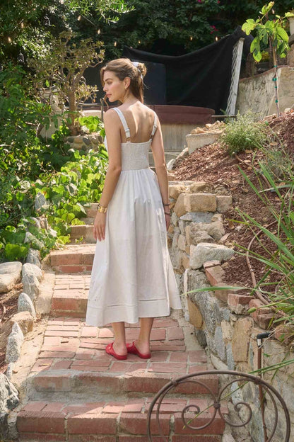 Eyelet Detail Button Down Sleeveless Midi Dress - Off-White