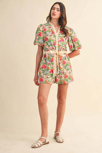 Bubble Sleeve Floral Print Romper - Cream Pink Floral