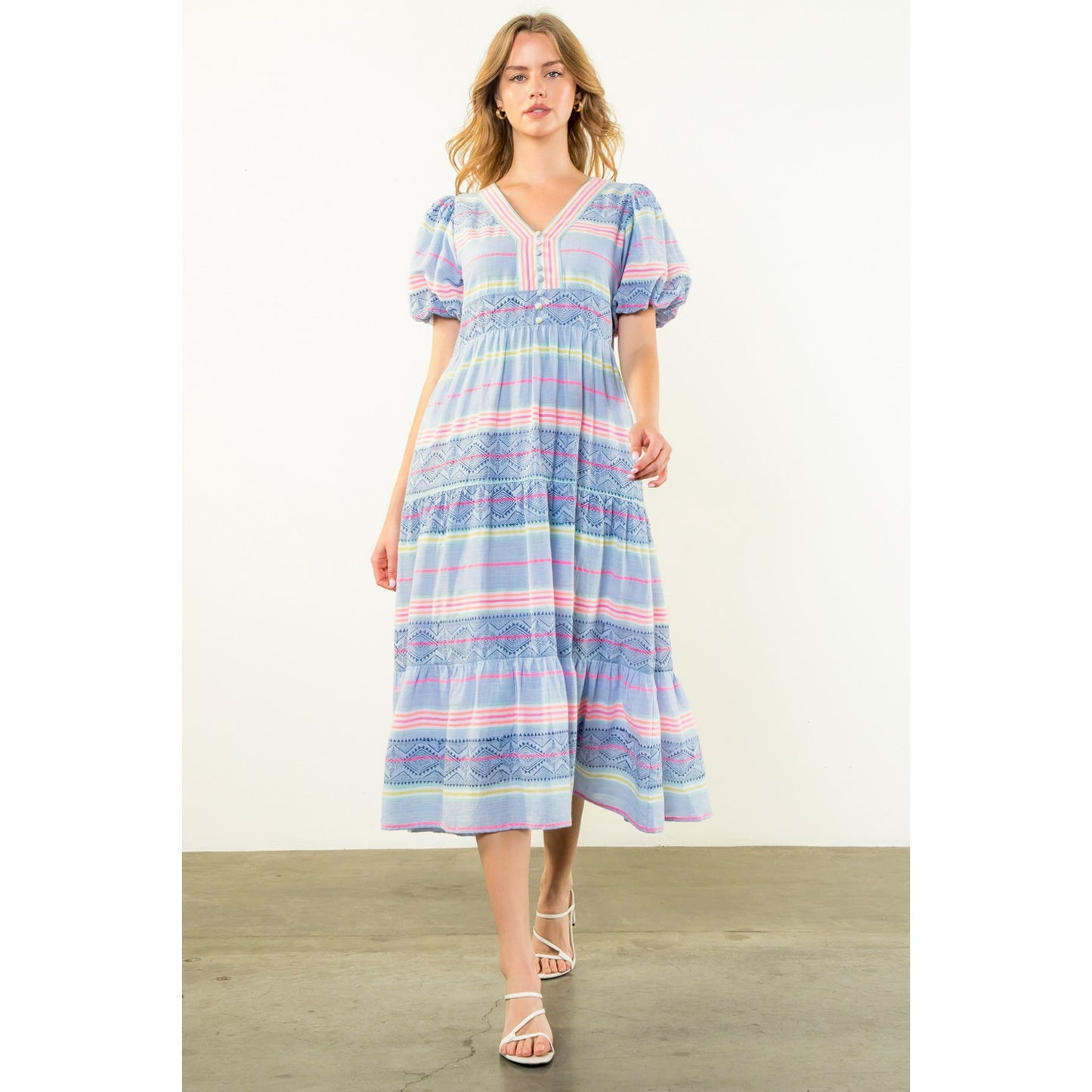THML - Puff Sleeve Pattern Dress - Blue