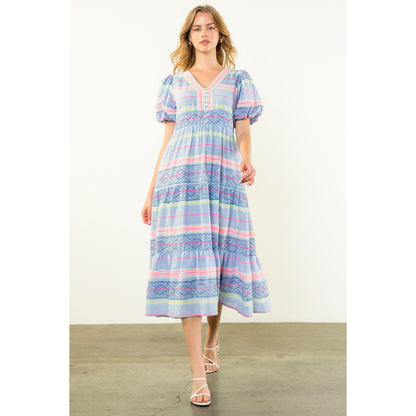 THML - Puff Sleeve Pattern Dress - Blue