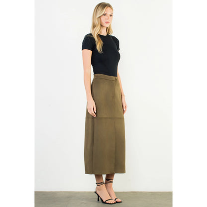 Front Slit Suede Long Skirt - Olive