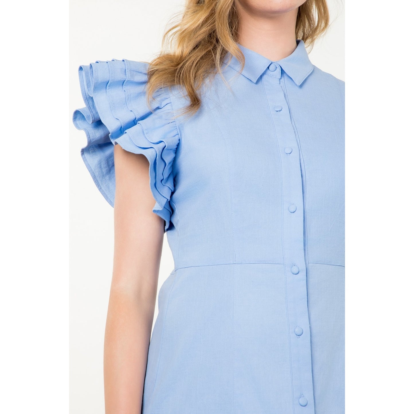 THML - Flutter Sleeve Button Up Dress - Blue