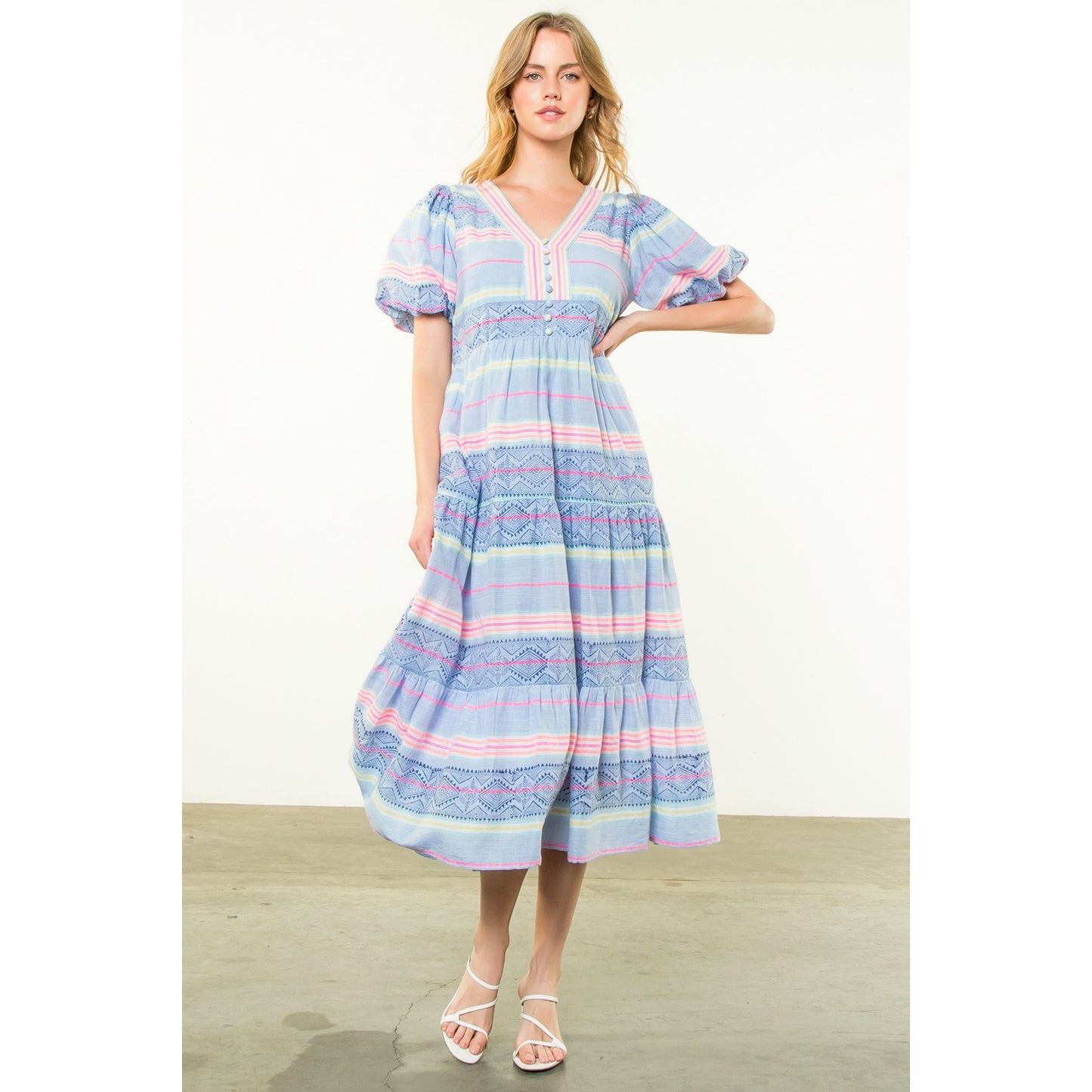 THML - Puff Sleeve Pattern Dress - Blue