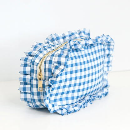 Gingham Ruffle Zipper Pouch Embroidery Friendly Cosmetic Bag - Royal - Spinout