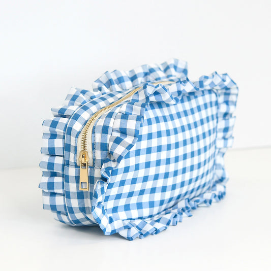 Gingham Ruffle Zipper Pouch Embroidery Friendly Cosmetic Bag - Royal - Spinout