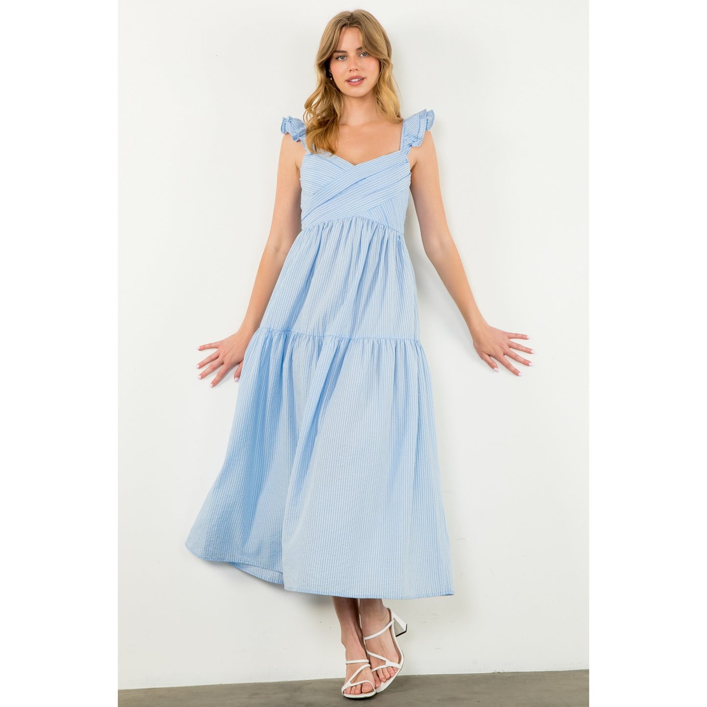 THML - Flutter Sleeve Striped Dress - Light Blue