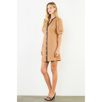 Suede Short Dress with Gold Buttons - Camel