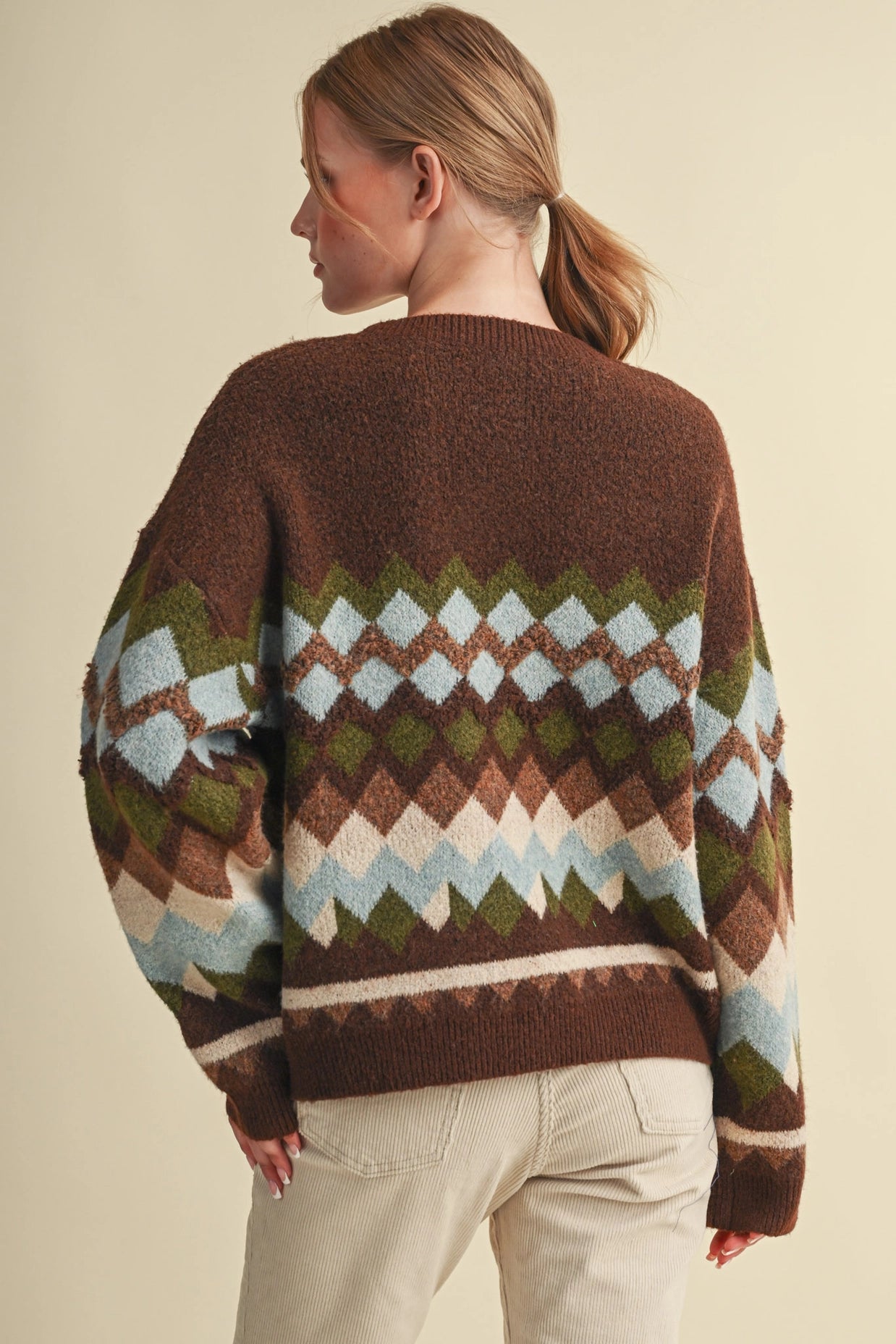 Fuzzy Texture Geometric Knit Sweater - Brown Multi