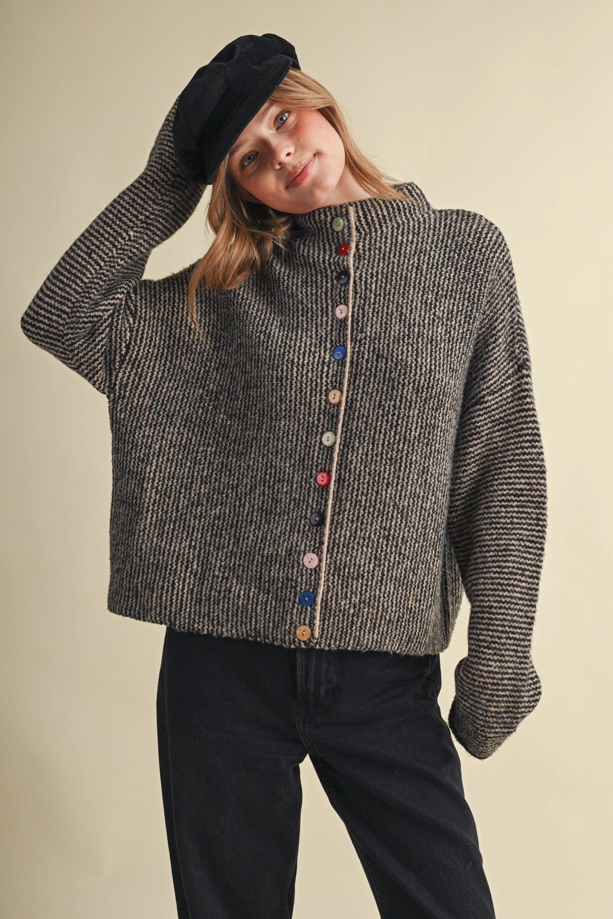 Striped Sweater Cardigan with Colorful Buttons - Black Taupe