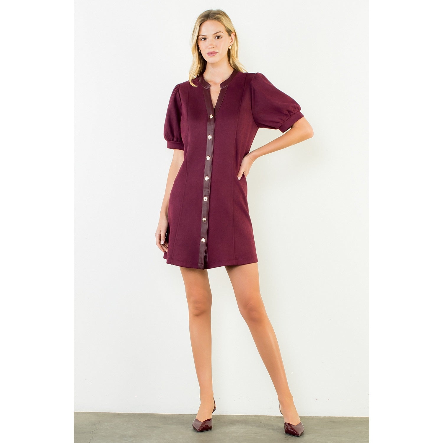Suede Short Dress with Gold Buttons - Burgundy