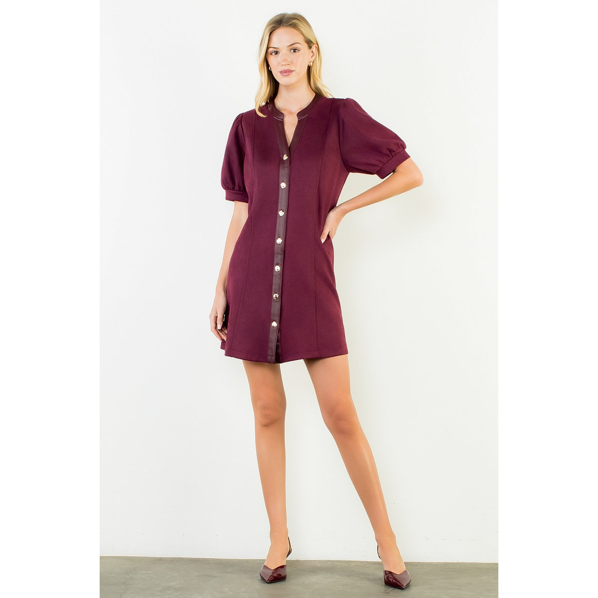 Suede Short Dress with Gold Buttons - Burgundy