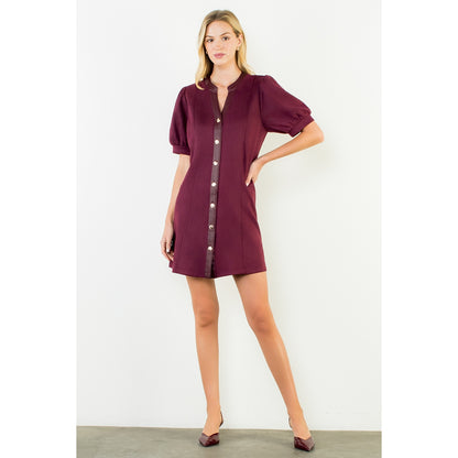 Suede Short Dress with Gold Buttons - Burgundy