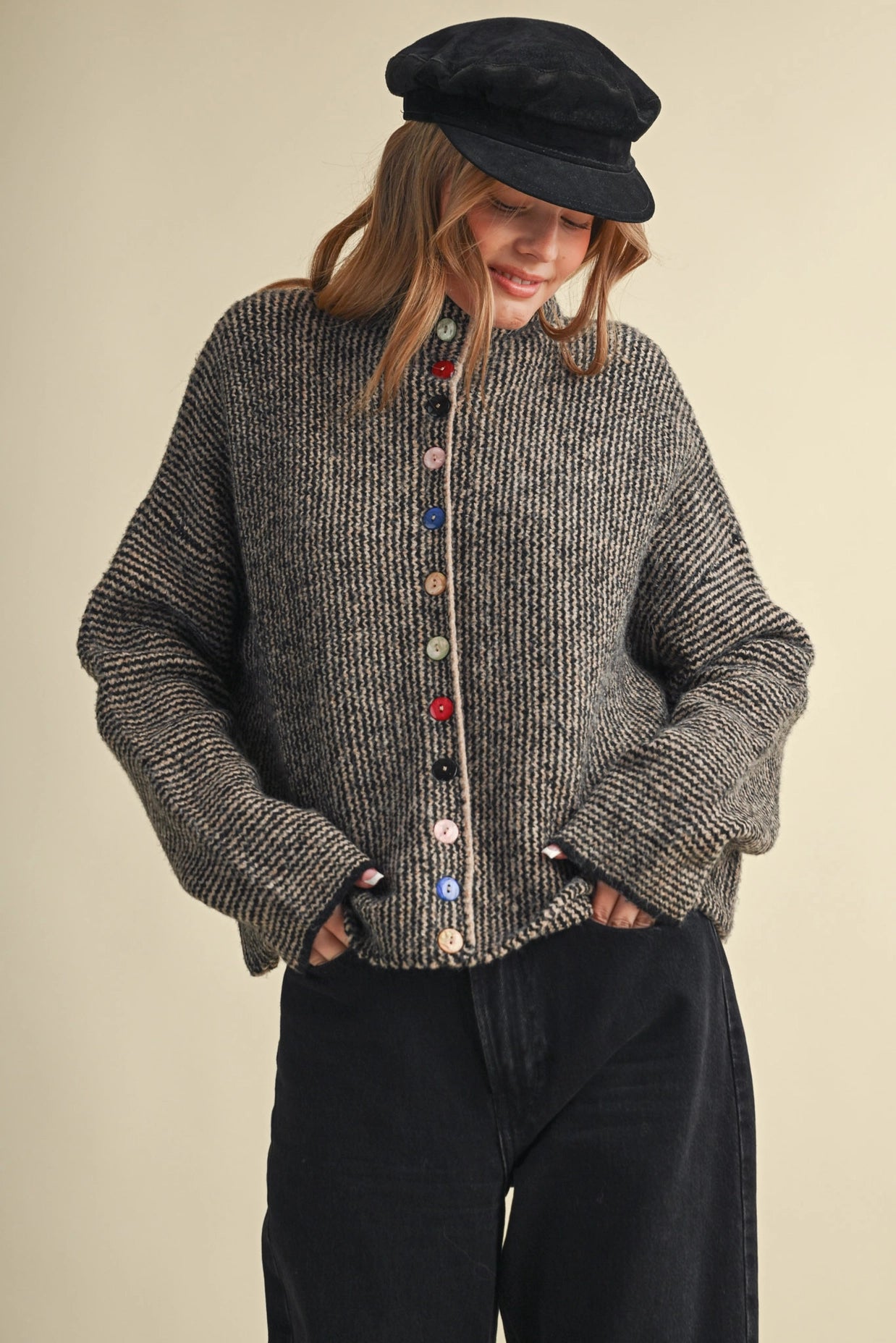 Striped Sweater Cardigan with Colorful Buttons - Black Taupe