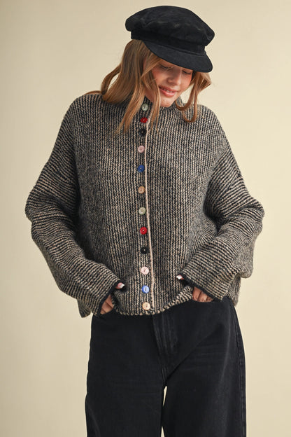 Striped Sweater Cardigan with Colorful Buttons - Black Taupe