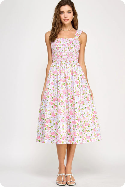 Floral Print Contrast Smocking Midi Dress - Pink Multi